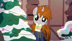 Size: 1920x1080 | Tagged: safe, artist:uspen, oc, oc only, oc:littlepip, pony, unicorn, fallout equestria, bag, board, christmas, christmas tree, clothes, cyrillic, door, female, garland, green eyes, happy new year, holiday, horn, looking at you, mare, overalls, paper, smiling, smiling at you, snow, snowflake, solo, solo female, text, tree, window, wood