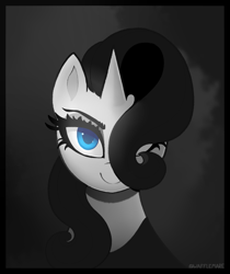 Size: 1227x1460 | Tagged: safe, artist:waffletheheadmare, rarity, pony, unicorn, g4, blue eyes, bust, colored pupils, dim light, female, hair over one eye, horn, limited color, limited palette, looking at you, mare, one eye covered, portrait, smiling, solo