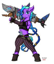 Size: 982x1163 | Tagged: safe, artist:nismorose, oc, oc:moonstruck, pony, semi-anthro, arcane, belly, belt, bipedal, boots, braid, braided ponytail, braided tail, braiding, cheek fluff, clothes, crossover, ear fluff, female, freckles, gun, jinx (league of legends), league of legends, looking at you, mare, midriff, pants, ponified, ponytail, rocket launcher, shoes, shoulder fluff, signature, simple background, solo, tail, tank top, tattoo, transparent background, weapon