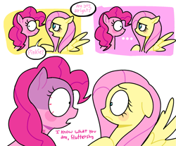 Size: 1723x1430 | Tagged: safe, artist:doodlesinky, fluttershy, pinkie pie, earth pony, pegasus, pony, g4, alrighty then, comic, duo, i know what you are, threatening