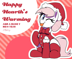 Size: 2700x2200 | Tagged: safe, artist:thebatfang, nurse redheart, earth pony, pony, g4, ;p, christmas, clothes, costume, cute, female, hat, heart, heartabetes, hearth's warming, holiday, imported from twibooru, looking at you, mare, one eye closed, ponerpics import, santa costume, santa hat, sitting, socks, solo, striped background, text, tongue out, wink, winking at you