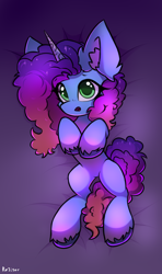 Size: 1300x2200 | Tagged: safe, artist:rejiser, misty brightdawn, pony, unicorn, g5, bedsheets, belly, big ears, commission, commissioner:mercurial, cute, female, gradient background, horn, lying down, mare, on back, open mouth, solo, weapons-grade cute