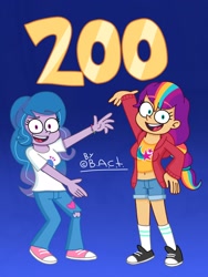 Size: 1560x2080 | Tagged: safe, artist:garybaldor, izzy moonbow, sunny starscout, human, equestria girls, g4, g5, belly, belly button, bracelet, clothes, converse, cutie mark on clothes, denim, denim shorts, duo, duo female, equestria girls-ified, eyebrows, eyebrows visible through hair, female, g5 to equestria girls, g5 to g4, generation leap, gradient background, hoodie, jeans, jewelry, mane stripe sunny, midriff, numbers, pants, shirt, shoes, shorts, signature, smiling, socks, torn clothes