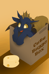 Size: 1600x2432 | Tagged: safe, artist:puginpocket, derpibooru exclusive, oc, oc only, oc:vexim, changeling, behaving like a cat, blue changeling, box, brown changeling, changeling in a box, changeling oc, cheese, food, male, shelf, simple shading, solo, text, wall