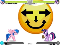 Size: 993x745 | Tagged: safe, artist:tom artista, firefly, rainbow dash, twilight sparkle, pegasus, pony, unicorn, fighting is magic, g4, arrow, bipedal, book, creepy, emoji, expression, expressions, fan game, game screencap, horn, new, recolor, simple background, stage, strange, weird, white background