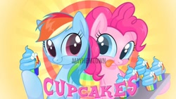 Size: 1600x900 | Tagged: safe, artist:mayhemtown, pinkie pie, rainbow dash, earth pony, pegasus, pony, cupcakes hd, fanfic:cupcakes, g4, better without context, cupcake, cute, dashabetes, diapinkes, duo, duo female, female, food, here we go again, looking at each other, looking at someone, mare, rainbow, remake, text, things are not like what they seem, this will end in death, this will end in pain, this will end in tears, title card, tray, upcoming, watermark, youtube link