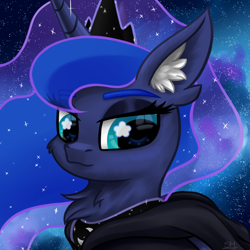 Size: 3000x3000 | Tagged: safe, artist:sunamoonmlp, derpibooru exclusive, cosmos, princess luna, alicorn, pony, g4, accessory, cheek fluff, chest fluff, clothes, colored ear fluff, colored eyebrows, crown, cute, ear fluff, ethereal mane, eyelashes, eyeshadow, female, hoodie, horn, jewelry, makeup, mare, night, outdoors, peytral, regalia, sky background, smiling, solo, space, starry mane, stars, wingding eyes, wings