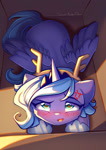 Size: 935x1323 | Tagged: safe, artist:chaosangeldesu, princess luna, alicorn, pony, g4, angry, blushing, box, cross-popping veins, crown, cute, emanata, female, jewelry, looking at you, mare, regalia, solo