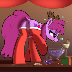 Size: 2000x2000 | Tagged: safe, artist:maretian, berry punch, berryshine, earth pony, pony, g4, alcohol, antlers, blushing, butt, christmas, clothes, cookie, crumbs, dock, drink, drunk, drunk bubbles, eggnog, emanata, featureless crotch, female, food, holiday, indoors, lidded eyes, mare, plot, present, punch, punch (drink), punch bowl, rear view, socks, solo, spilled drink, squeans, table, tail, tongue out