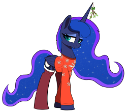 Size: 2000x1763 | Tagged: safe, artist:maretian, princess luna, alicorn, pony, g4, christmas, clothes, female, holiday, lidded eyes, long legs, looking at you, mare, messy mane, mistletoe, simple background, smiling, socks, solo, sweater, transparent background