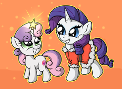 Size: 2959x2160 | Tagged: safe, artist:background basset, rarity, sweetie belle, pony, unicorn, g4, abstract background, belle sisters, christmas, christmas outfit, clothes, costume, cute, diasweetes, duo, female, holiday, horn, looking at each other, looking at someone, raribetes, santa costume, siblings, sisters, smiling, smiling at each other, stars