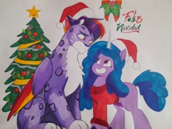 Size: 2048x1536 | Tagged: safe, artist:maximil51083715, alterro, izzy moonbow, aq bars, big cat, leopard, pony, snow leopard, unicorn, g5, my little pony: tell your tale, chest fluff, christmas, clothes, colored paws, crack shipping, duo, duo male and female, feliz navidad, female, grin, hat, holiday, holly, holly mistaken for mistletoe, horn, looking at each other, looking at someone, male, mare, pale belly, photo, santa hat, ship:izzterro, shipping, smiling, smiling at each other, sweater, traditional art, winged big cat