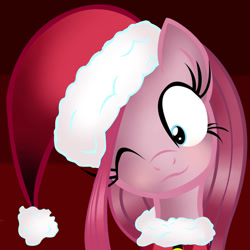 Size: 894x894 | Tagged: safe, artist:asax0, artist:gray-feathers, edit, pinkie pie, earth pony, pony, g4, 2014, christmas, clothes, costume, female, hat, holiday, mare, pinkamena diane pie, santa costume, santa hat, shrunken pupils, striped background