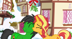 Size: 1076x584 | Tagged: safe, artist:mickey1909, sunset shimmer, oc, oc:star armour, pegasus, pony, unicorn, g4, cheek kiss, female, horn, kissing, male, mare, mistletoe, outdoors, stallion, straight