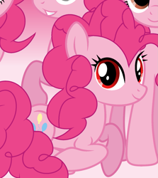 Size: 1243x1395 | Tagged: safe, artist:pinkiepartypiepiety, pinkie pie, earth pony, pony, g4, alternate eye color, base used, clone, female, gradient background, looking at you, lying down, mare, prone, red eyes, solo, wrong eye shape