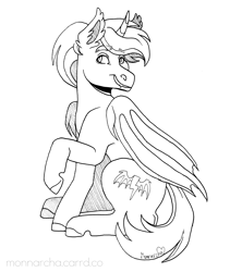 Size: 2400x2700 | Tagged: safe, artist:monnarcha, oc, alicorn, bat pony, bat pony alicorn, pony, bat wings, horn, monochrome, solo, wings