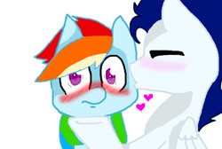 Size: 749x504 | Tagged: safe, artist:fancyfox2, rainbow dash, soarin', pegasus, pony, g4, cheek kiss, duo, duo male and female, female, kissing, male, mare, ship:soarindash, shipping, stallion, straight