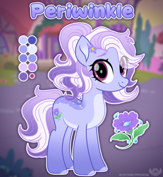 Size: 2000x2169 | Tagged: safe, artist:lovinglypromise, oc, oc only, oc:periwinkle, earth pony, pony, bio in description, body markings, color palette, colored hooves, countershading, eye clipping through hair, eyebrow slit, eyebrows, eyebrows visible through hair, female, flower, flower on ear, freckles, gradient legs, gradient mane, gradient tail, hooves, looking at you, mare, outdoors, pale belly, ponytail, purple eyes, reference sheet, solo, tail