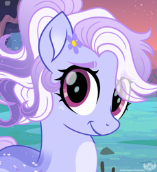 Size: 1829x2000 | Tagged: safe, artist:lovinglypromise, oc, oc only, oc:periwinkle, earth pony, pony, eye clipping through hair, eyebrow slit, eyebrows, eyebrows visible through hair, female, flower, flower on ear, freckles, gradient mane, looking at you, mare, outdoors, pale belly, ponytail, purple eyes, smiling, smiling at you, solo