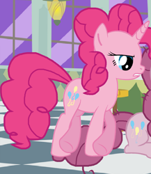 Size: 1502x1730 | Tagged: safe, artist:enneira20, artist:pinkiepartypiepiety, mean pinkie pie, pinkie pie, pony, unicorn, g4, the mean 6, base used, clone, crossed hooves, female, horn, indoors, mare, offscreen character, race swap, solo, unicorn pinkie pie