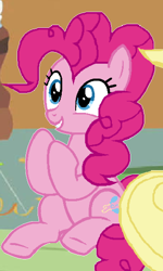 Size: 338x562 | Tagged: safe, artist:pinkiepartypiepiety, artist:rochelle-bases, pinkie pie, earth pony, pony, g4, base used, female, grin, indoors, mare, offscreen character, sitting, smiling, solo, wrong eye shape