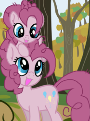 Size: 961x1282 | Tagged: safe, artist:kittiebases, artist:pinkiepartypiepiety, mean pinkie pie, earth pony, pony, g4, the mean 6, base used, clone, female, filly, foal, looking at each other, looking at someone, mare, outdoors, self paradox, younger