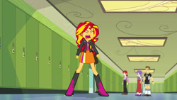 Size: 1573x885 | Tagged: safe, alternate version, artist:richardchibbard, sunset shimmer, human, equestria girls, equestria girls specials, g4, my little pony equestria girls: forgotten friendship, canterlot high, female, indoors, lockers