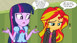 Size: 1573x885 | Tagged: safe, artist:richardchibbard, sunset shimmer, twilight sparkle, human, equestria girls, g4, canterlot high, dialogue, duo, duo female, female, indoors, lockers