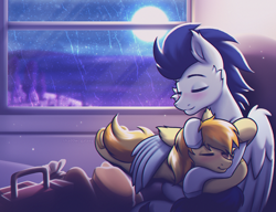 Size: 2600x2000 | Tagged: safe, artist:shad0w-galaxy, braeburn, soarin', earth pony, pegasus, pony, my little pony the movie: soarin & braeburn, g4, blushing, cheek fluff, cuddling, cute, ear fluff, eyes closed, gay, hat, high res, hooves, hug, indoors, male, moon, night, patreon, patreon reward, rain, ship:soarburn, shipping, smiling, stallion, suitcase, train