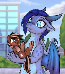 Size: 2000x2294 | Tagged: safe, artist:lina, oc, oc only, oc:lina, oc:lina firesoul, dragon, pony, :p, brown coat, city, coat markings, commission, dragoness, ear markings, female, frog (hoof), looking at each other, looking at someone, oc x oc, outdoors, socks (coat markings), tail, tongue out, two toned mane, two toned tail, underhoof