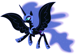 Size: 7090x5070 | Tagged: safe, artist:90sigma, nightmare moon, alicorn, pony, g4, 2012, colored eyelashes, ethereal mane, ethereal tail, eyeshadow, female, flying, helmet, hoof shoes, lidded eyes, makeup, mare, peytral, simple background, slit pupils, solo, spread wings, tail, transparent background, vector, wings