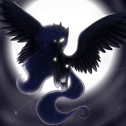 Size: 1000x1000 | Tagged: safe, artist:failure11, princess luna, alicorn, pony, g4, ethereal mane, female, flying, full moon, glowing, glowing cutie mark, glowing eyes, hoof shoes, mare, moon, night, outdoors, peytral, sky, solo, spread wings, starry mane, stars, wings