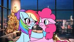 Size: 1920x1080 | Tagged: safe, artist:tamers12345, pinkie pie, rainbow dash, earth pony, pegasus, pony, my little pony the movie: hearth's warming in manehattan, g4, beanie, blushing, christmas, christmas tree, city, clothes, couch, cute, dashabetes, diapinkes, female, hat, hearth's warming, holiday, hug, indoors, lesbian, looking at each other, looking at someone, questionable source, scarf, ship:pinkiedash, shipping, tree, window, winter outfit