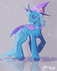 Size: 3500x4412 | Tagged: safe, artist:tranquiiitea, trixie, pony, unicorn, g4, curved horn, female, gradient background, horn, mare, reflection, signature, solo, unshorn fetlocks