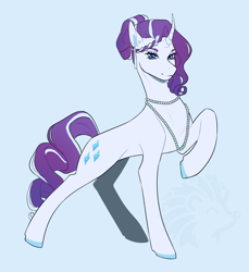 Size: 2116x2309 | Tagged: safe, artist:kefirchik7, rarity, pony, unicorn, g4, colored hooves, curved horn, ear piercing, earring, female, hooves, horn, jewelry, mare, necklace, pearl necklace, piercing, raised hoof, redesign, simple background, smiling, solo