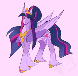 Size: 2297x2235 | Tagged: safe, artist:kefirchik7, twilight sparkle, alicorn, pony, g4, blaze (coat marking), coat markings, crown, facial markings, female, hoof shoes, jewelry, mare, peytral, redesign, regalia, simple background, smiling, solo, twilight sparkle (alicorn), unshorn fetlocks