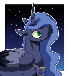 Size: 1080x1159 | Tagged: safe, artist:lawkbutt, princess luna, alicorn, pony, g4, female, folded wings, jewelry, looking up, mare, night, outdoors, passepartout, solo, wings