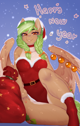 Size: 1878x2948 | Tagged: safe, artist:evlass, oc, oc only, oc:sylvia evergreen, pegasus, anthro, unguligrade anthro, belt, bow, braid, braided pigtails, breasts, choker, christmas, christmas outfit, clothes, female, happy new year, happy new year 2025, hat, high res, holiday, looking at you, painted nails, partially open wings, pegasus oc, pigtails, santa hat, solo, text, wings