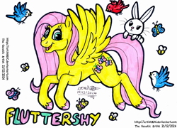 Size: 3201x2306 | Tagged: safe, artist:artistnjc, angel bunny, fluttershy, bee, bird, butterfly, insect, pegasus, pony, rabbit, g4, animal, character name, flying, grumpy, happy, signature, simple background, solo, spread wings, traditional art, wings