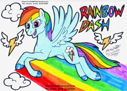 Size: 3249x2336 | Tagged: safe, artist:artistnjc, rainbow dash, pegasus, pony, g4, character name, cloud, cutie mark, flying, looking at you, rainbow, rainbow trail, signature, solo, spread wings, traditional art, wings