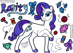 Size: 3196x2334 | Tagged: safe, artist:artistnjc, rarity, pony, unicorn, g4, bow, buttons, character name, gemstones, horn, lidded eyes, looking at you, raised hoof, ribbon, scissors, sewing needle, signature, simple background, solo, traditional art, yarn, yarn ball