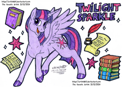 Size: 3269x2339 | Tagged: safe, artist:artistnjc, twilight sparkle, alicorn, pony, g4, book, character name, cutie mark, inkwell, paper, parchment, quill, simple background, smiling, solo, spread wings, traditional art, twilight sparkle (alicorn), wings