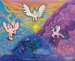 Size: 1144x921 | Tagged: safe, artist:velaquill, princess cadance, princess celestia, princess luna, twilight sparkle, alicorn, pony, g4, acrylic painting, alicorn tetrarchy, crown, eyes closed, female, flying, jewelry, mare, peytral, regalia, spread wings, sun, traditional art, twilight sparkle (alicorn), wings