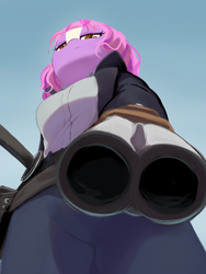 Size: 2304x3072 | Tagged: safe, artist:dulldi, oc, oc only, oc:shooting star, anthro, clothes, commission, gun, looking at you, looking down, looking down at you, shotgun, solo, weapon