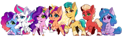 Size: 4915x1506 | Tagged: safe, artist:xiaowu07, hitch trailblazer, izzy moonbow, misty brightdawn, pipp petals, sprout cloverleaf, sunny starscout, zipp storm, alicorn, earth pony, pegasus, pony, unicorn, g5, blushing, bracelet, cute, ear piercing, earring, female, freckles, friendship bracelet, grin, horn, jewelry, looking at you, lying down, male, mane five, mare, one eye closed, piercing, prone, race swap, smiling, spread wings, sprout joins the mane five, stallion, sunnycorn, tail, wings, wink