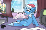 Size: 3000x2000 | Tagged: safe, artist:jubyskylines, trixie, pony, unicorn, g4, anime, chair, chest fluff, christmas, colored hooves, controller, curtains, ear fluff, female, hat, holiday, hooves, horn, indoors, mare, potted plant, santa hat, shiny hooves, shoulder fluff, sitting, sitting on floor, solo, television, watching tv, window