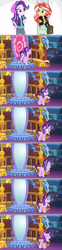 Size: 1280x5173 | Tagged: safe, artist:silverbuller, edit, edited screencap, screencap, starlight glimmer, sunset shimmer, human, pony, unicorn, equestria girls, equestria girls specials, g4, my little pony equestria girls: mirror magic, bag, beanie hat, clothes, comic, duo, duo female, eyes closed, female, happy, horn, indoors, library, magic, mare, portal, saddle bag, screencap comic, smiling, telekinesis, twilight's castle, twilight's castle library