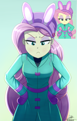 Size: 1934x3034 | Tagged: safe, artist:the-butch-x, fluttershy, human, series:butch's frame redrawn, equestria girls, equestria girls specials, g4, my little pony equestria girls: holidays unwrapped, belt, breasts, busty fluttershy, clothes, coat, cross-popping veins, emanata, eyebrows, eyebrows visible through hair, female, fluttershy is not amused, frame redrawn x, frown, gloves, hand on hip, hat, looking at you, looking down, looking down at you, mittens, scene interpretation, screencap reference, solo, unamused, winter outfit