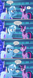 Size: 1280x2950 | Tagged: safe, artist:silverbuller, edit, edited screencap, screencap, spike, trixie, twilight sparkle, alicorn, pony, unicorn, g4, comic, duo, duo female, female, horn, indoors, mare, offscreen character, speech bubble, twilight sparkle (alicorn), twilight sparkle is not amused, twilight's castle, unamused