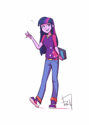 Size: 2059x2912 | Tagged: safe, artist:jurill, twilight sparkle, human, equestria girls, g4, alternate clothes, beautiful, book, clothes, female, high res, pants, purple, requested art, shirt, shoes, simple background, smiling, sneakers, solo, white background